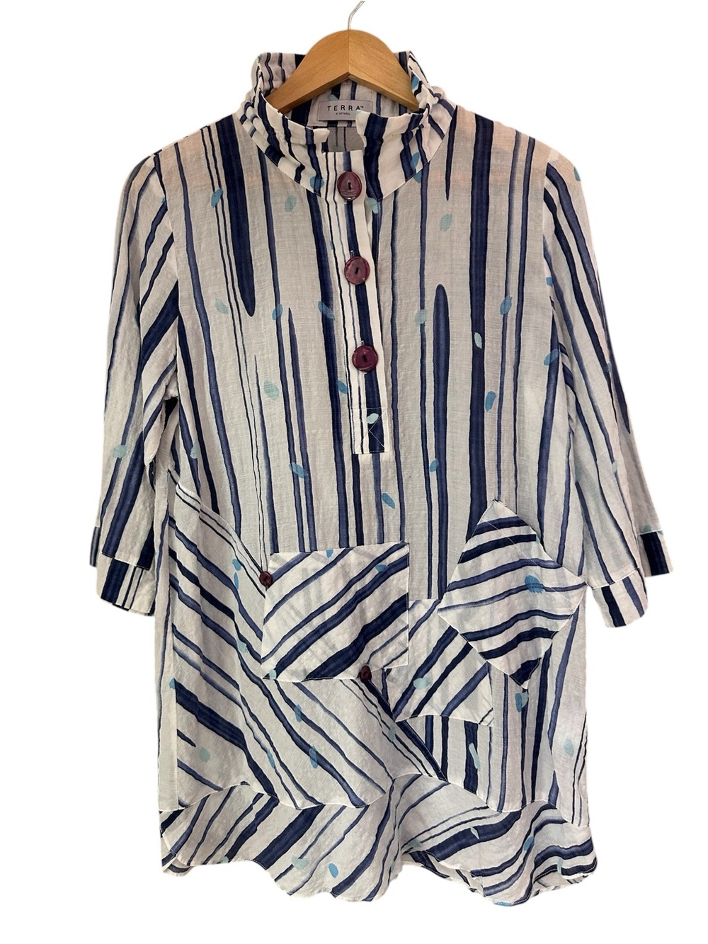 TERRA Blue & White Striped Lagenlook Tunic Top, Size Small